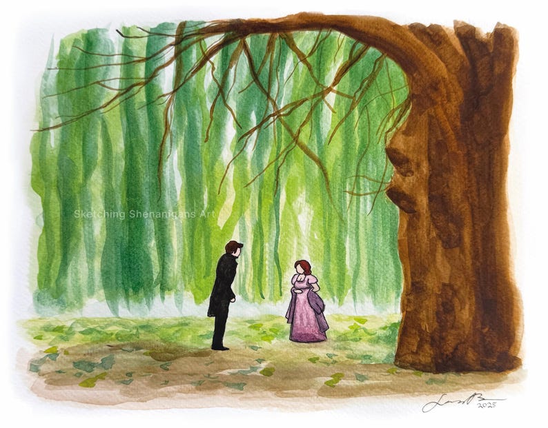 Pode incluir: Pintura em aquarela de um casal sob uma grande &aacute;rvore com uma copa semelhante a um salgueiro chor&atilde;o. O fundo apresenta uma floresta verde. O casal est&aacute; vestido com roupas de &eacute;poca. O texto "Sketching Shenanigans Art" &eacute; vis&iacute;vel.