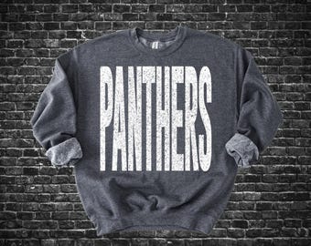 May include: A dark gray sweatshirt with the word "PANTHERS" printed in large, white, block letters. The sweatshirt has a crew neck and cuffed sleeves. The background is a dark brick wall.