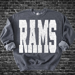 May include: A dark gray sweatshirt with the word "RAMS" printed in large, distressed white letters. The sweatshirt has a crew neck and cuffed sleeves. The background is a dark brick wall.