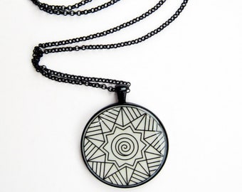 Black & white mandala big round black pendant necklace, made of resin. A unique geometric statement necklace, the perfect yoga teacher gift
