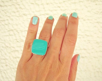 Mint green square ring, made of resin, with a silver tone band. Make a statement with this fresh and bold ring. Candycore trend ready!