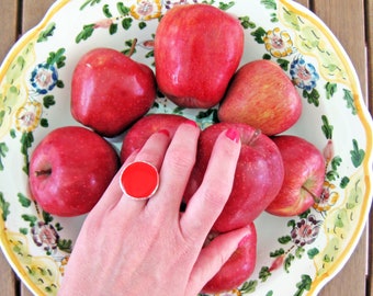 Ruby Red big round ring, made of resin, with a hammered silver band. A beautiful, bold, and feminine statement ring