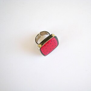 Watermelon big square ring, made of resin, with a silver tone band. A unique fresh and juicy statement ring image 6