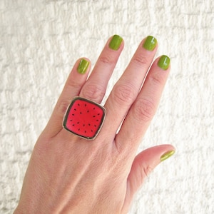 Watermelon big square ring, made of resin, with a silver tone band. A unique fresh and juicy statement ring image 2