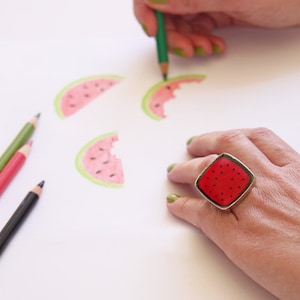 Watermelon big square ring, made of resin, with a silver tone band. A unique fresh and juicy statement ring image 1