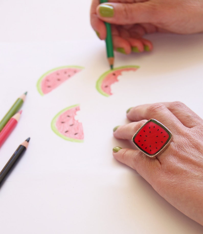 Watermelon big square ring, made of resin, with a silver tone band. A unique fresh and juicy statement ring image 1