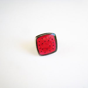 Watermelon big square ring, made of resin, with a silver tone band. A unique fresh and juicy statement ring image 3