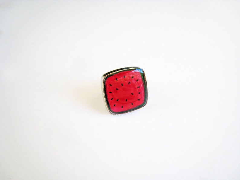 Watermelon big square ring, made of resin, with a silver tone band. A unique fresh and juicy statement ring image 3