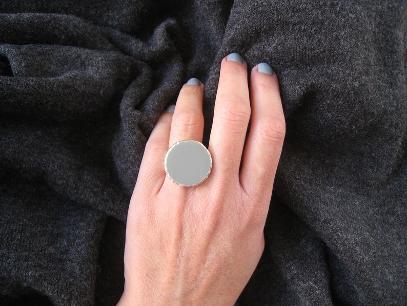 Grey Big Round Ring Made of Resin With a Hammered Silver Etsy