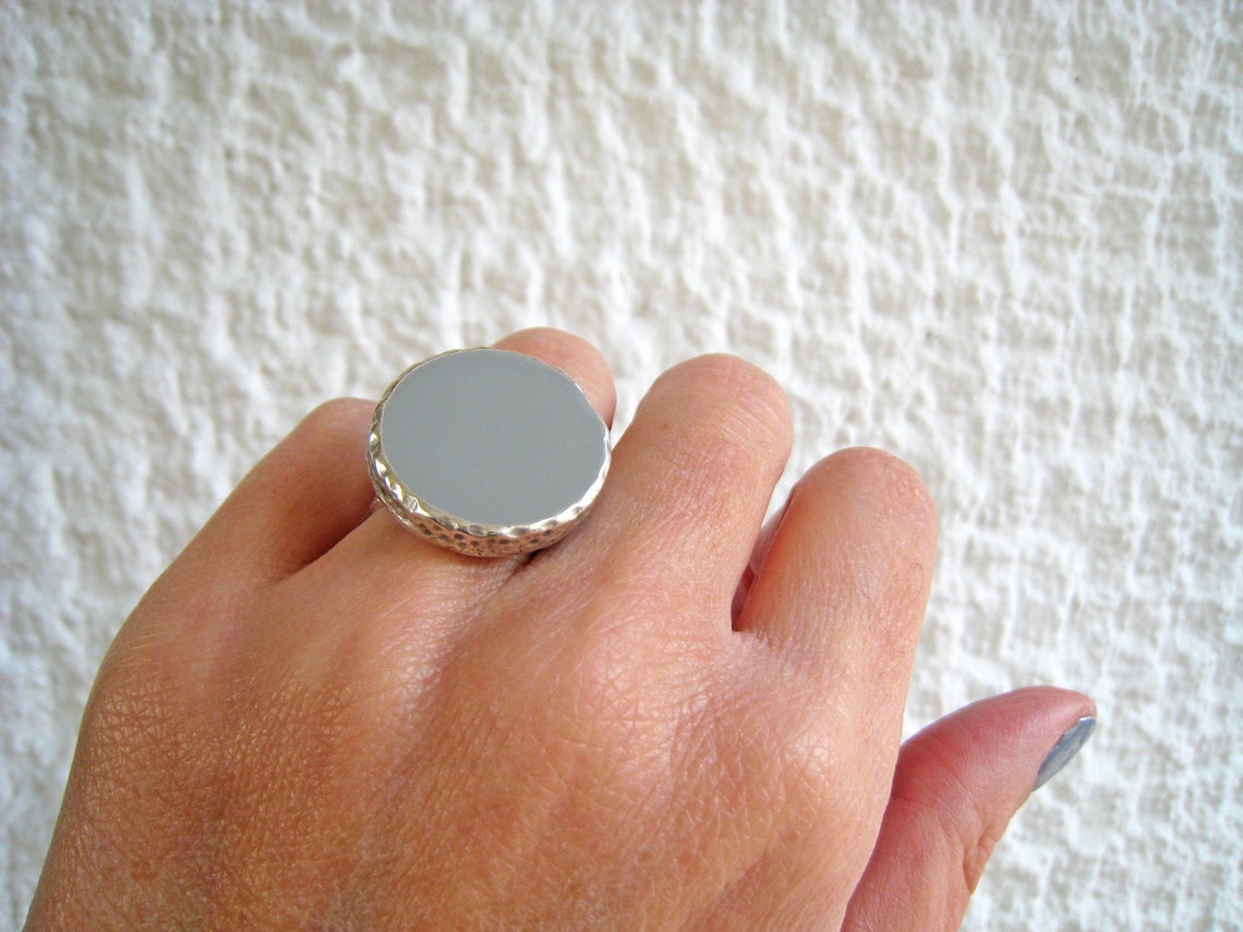 Grey Big Round Ring Made of Resin With a Hammered Silver Etsy