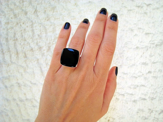 Onyx Black Square Ring Made of Resin With a Silver Tone Band. A