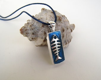 Blue Fishbone unisex necklace, made of resin. A unique surfer necklace