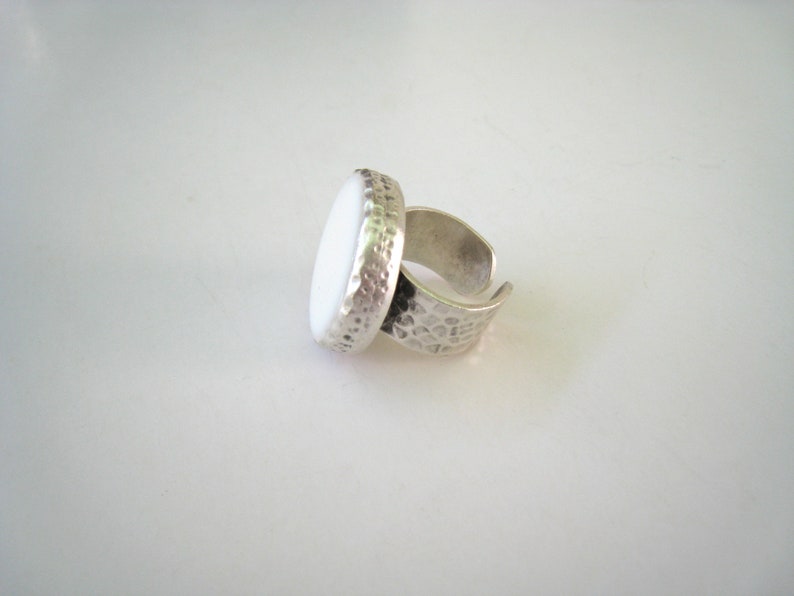 White Big Round Ring Made of Resin With a Hammered Silver Etsy