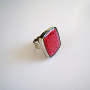 Watermelon big square ring, made of resin, with a silver tone band. A unique fresh and juicy statement ring image 5