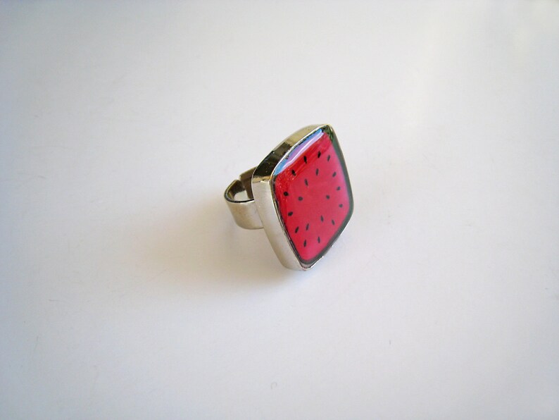 Watermelon big square ring, made of resin, with a silver tone band. A unique fresh and juicy statement ring image 5