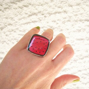 Watermelon big square ring, made of resin, with a silver tone band. A unique fresh and juicy statement ring image 4