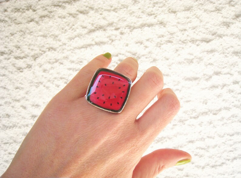 Watermelon big square ring, made of resin, with a silver tone band. A unique fresh and juicy statement ring image 4