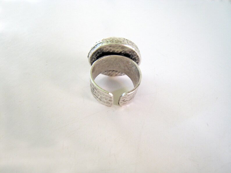 White Big Round Ring Made of Resin With a Hammered Silver Etsy