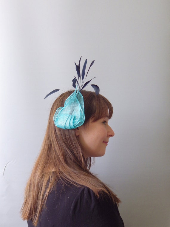 Turquoise Blue Fascinator Cocktail Hat. Sinamay and Feather | Etsy
