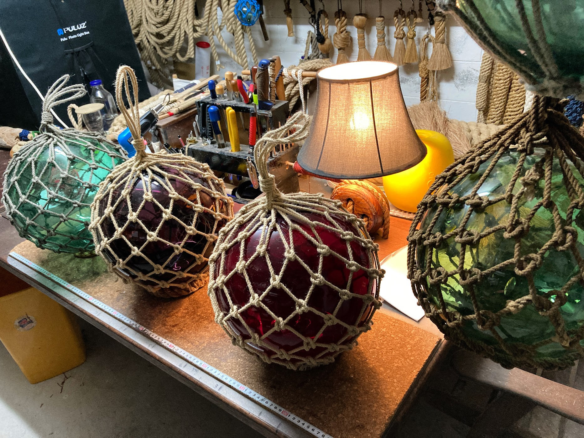 Glass balls shop with lights inside