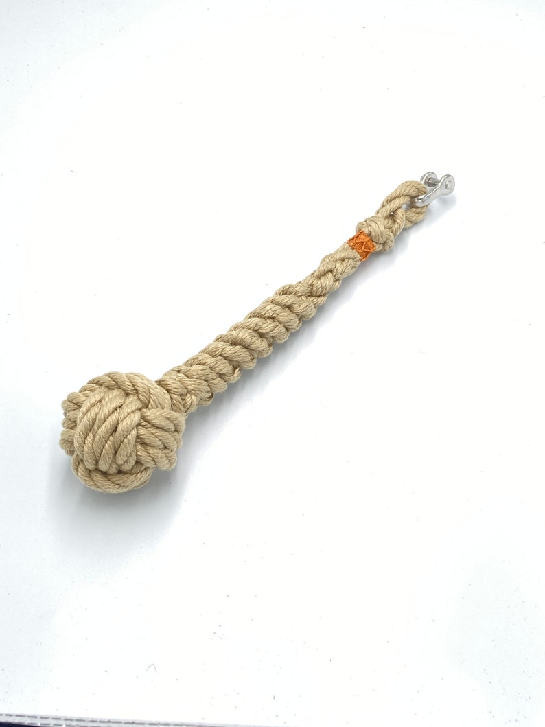 May include: A beige rope dog toy with a knotted ball on one end and a metal clip on the other end.