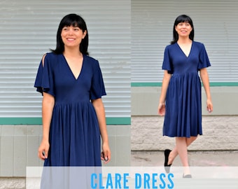 Clare Dress Pattern: A wrap dress with gathered skirt and flared sleeves design for knit dresses.  It is available in 4 to 22 in sizes