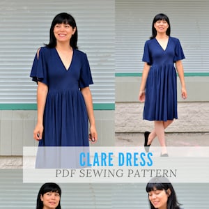 Clare Dress Pattern: A wrap dress with gathered skirt and flared sleeves design for knit dresses.  It is available in 4 to 22 in sizes