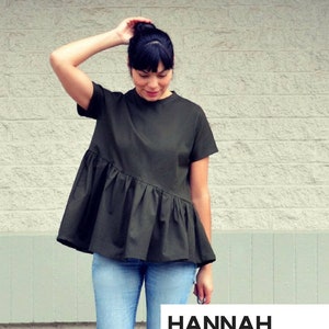 Hannah Top and Dress PDF sewing pattern and step by step sewing tutorial in sizes 4 to 22. Fully graded asymmetric top dress pattern plus image 1