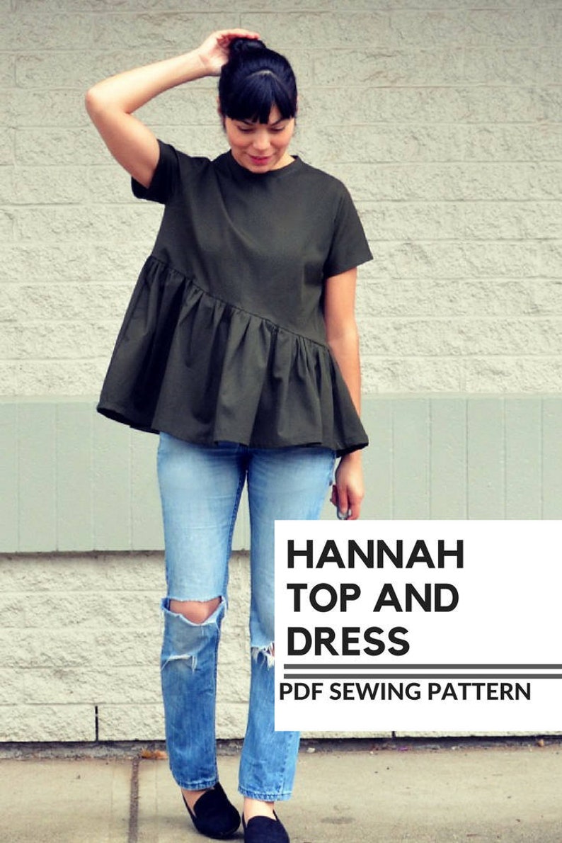 Hannah Top and Dress PDF sewing pattern and step by step sewing tutorial in sizes 4 to 22. Fully graded asymmetric top dress pattern plus image 1