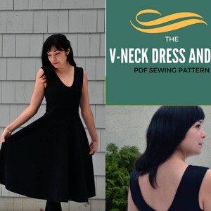 Pode incluir: Um padr&atilde;o de costura para um vestido e uma blusa de decote em V preto. O padr&atilde;o est&aacute; dispon&iacute;vel para download em PDF. A imagem mostra duas modelos usando o vestido e a blusa.