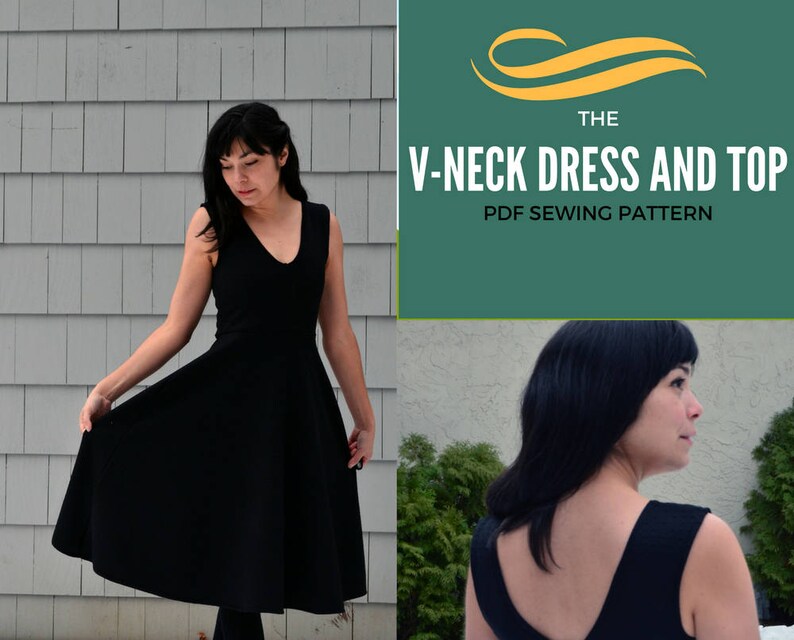 Pode incluir: Um padr&atilde;o de costura para um vestido e uma blusa de decote em V preto. O padr&atilde;o est&aacute; dispon&iacute;vel para download em PDF. A imagem mostra duas modelos usando o vestido e a blusa.