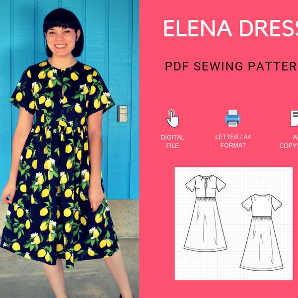 The Elena Dress PDF sewing pattern, printable dress pattern, pdf woven dress pattern, printable women dress pattern, pdf plus size pattern