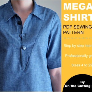 May include: A PDF sewing pattern for a shirt called "Megan Shirt" by On the Cutting Floor. The pattern includes step-by-step instructions and is professionally graded for sizes 4 to 22.
