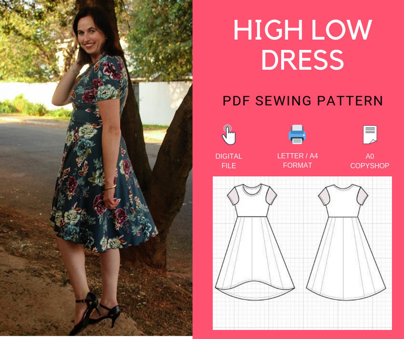 High Low Skater Dress PDF Printable Sewing Pattern and Step by | Etsy