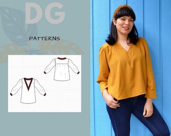 Oriana Blouse PDF sewing pattern and printable sewing tutorial for women including plus sizes.