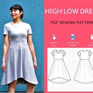 High Low Skater Dress PDF printable sewing pattern and Step by Step sewing tutorial in size 4 to 22 for women