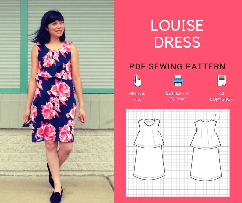 Louise Dress PDF sewing pattern & sewing tutorial for women. The printable sewing pattern includes a step by step sewing tutorial, plus size image 1