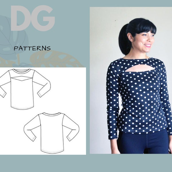 CUTOUT  top:  Printable PDF sewing pattern for women.  Easy beginner sewing top for women, available in sizes 4 to 22.  Sewing tutorial inc
