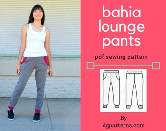 The Bahia Lounge Pants PDF sewing pattern and printable sewing tutorial for women.  The pattern covers sizes 4 to 22 and it is letter/a4