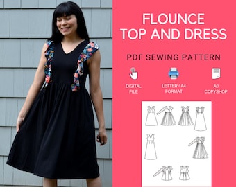The Flounce Dress and Top PDF sewing pattern:  The files include a step by step sewing tutorial and patterns available in sizes 4 to 22