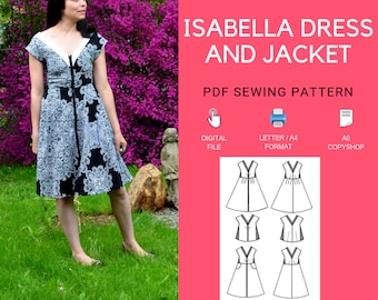 The Isabella Dress and Jacket PDF sewing pattern and step by step printable downloadable sewing tutorial with sizes for women 4 to 22