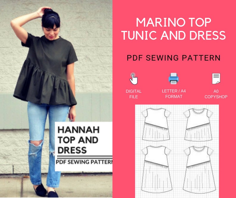 Hannah Top and Dress PDF sewing pattern and step by step sewing tutorial in sizes 4 to 22. Fully graded asymmetric top dress pattern plus image 3