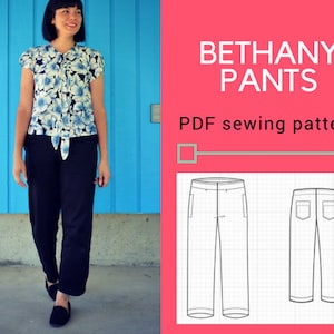 Il modello di cucito e tutorial in PDF per pantaloni Bethany per le donne. Modello di pantaloni in tessuto stampabile, taglie dalla 4 alla 22, comprese le taglie forti