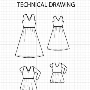 Pode incluir: Desenho t&eacute;cnico de um vestido de decote em V com diferentes op&ccedil;&otilde;es de mangas. O vestido tem um corpete ajustado e uma saia fluida.