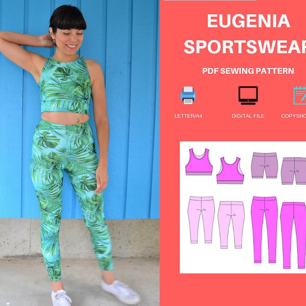 Eugenia Sportswear PDF sewing pattern and sewing tutorial including 4 length leggings and sports bra with racer back style