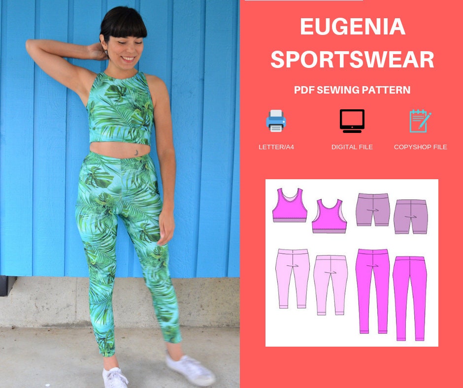 Eugenia Sportswear PDF sewing pattern and sewing tutorial including 4  length leggings and sports bra with racer back style