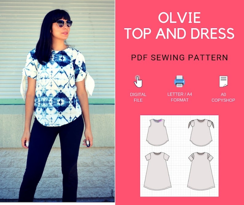 The Olvie Top and Dress PDF printable sewing pattern and sewing tutorial. Download the fully graded pattern in sizes 4 to 22 image 1