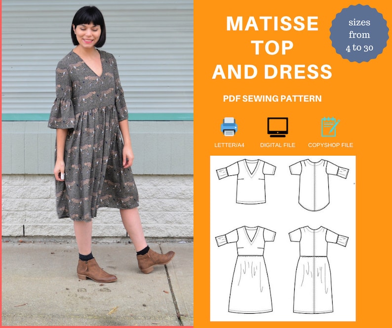 Matisse Top and Dress PDF sewing pattern and printable sewing tutorial for women including plus sizes. image 2