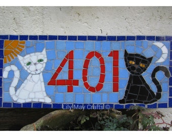 Mosaic House Number/Sign/plaque/street sign (two cats design) - made to order