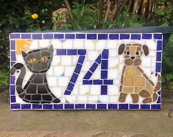 Mosaic House Number/Sign/plaque/street sign (cat and dog design) - made to order